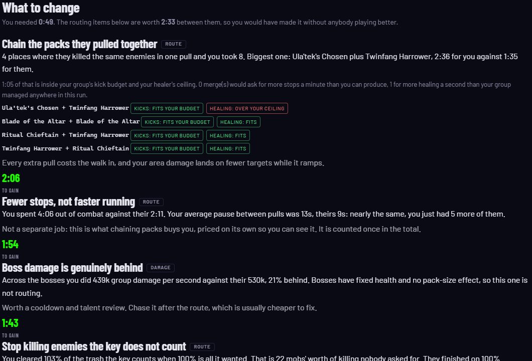 The What to change list: chain the packs they pulled together, fewer stops, boss damage behind, each with seconds to gain